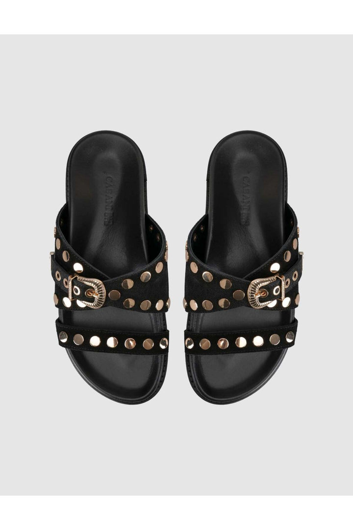 Cabani Shoes Sandales en cuir véritable avec détails en pierre pour femme - Noir