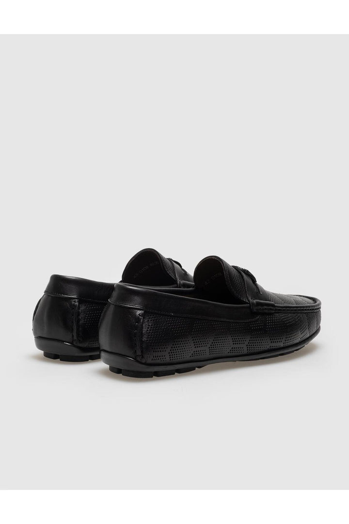 Cabani Shoes Mocassin homme sans lacets en cuir véritable noir à motif avec boucle - Noir