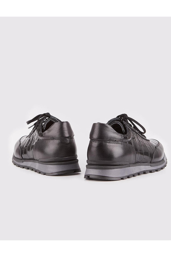 Cabani Shoes Chaussures de sport pour hommes en cuir véritable noires avec lacets et motifs imprimés spéciaux. - Noir