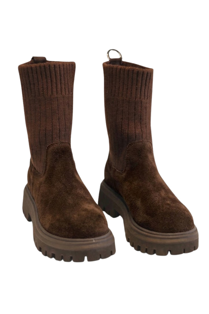 Wavelys RIVER Bottes en cuir suédé véritable marron à détails tressés, faciles à enfiler et chaudes. - Marron