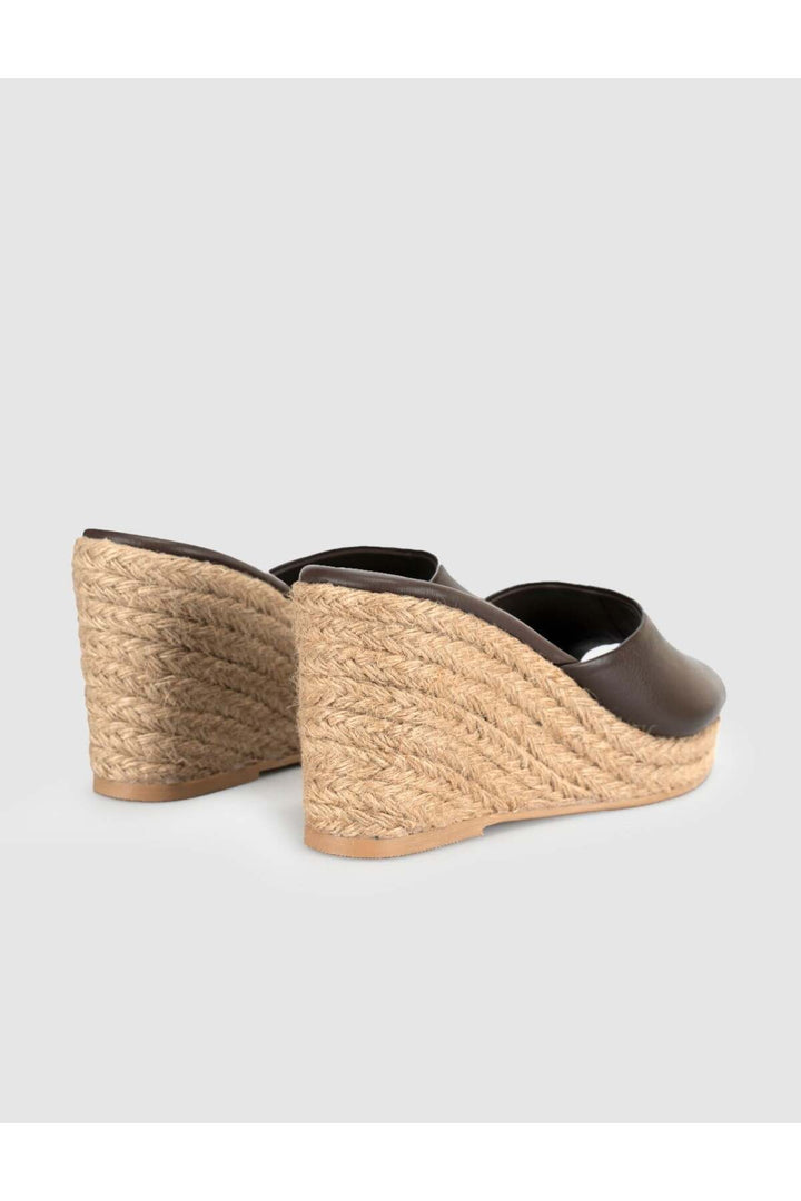 Cabani Shoes Sandales à talons compensés en cuir véritable marron avec semelle en paille pour femmes - Multicolore
