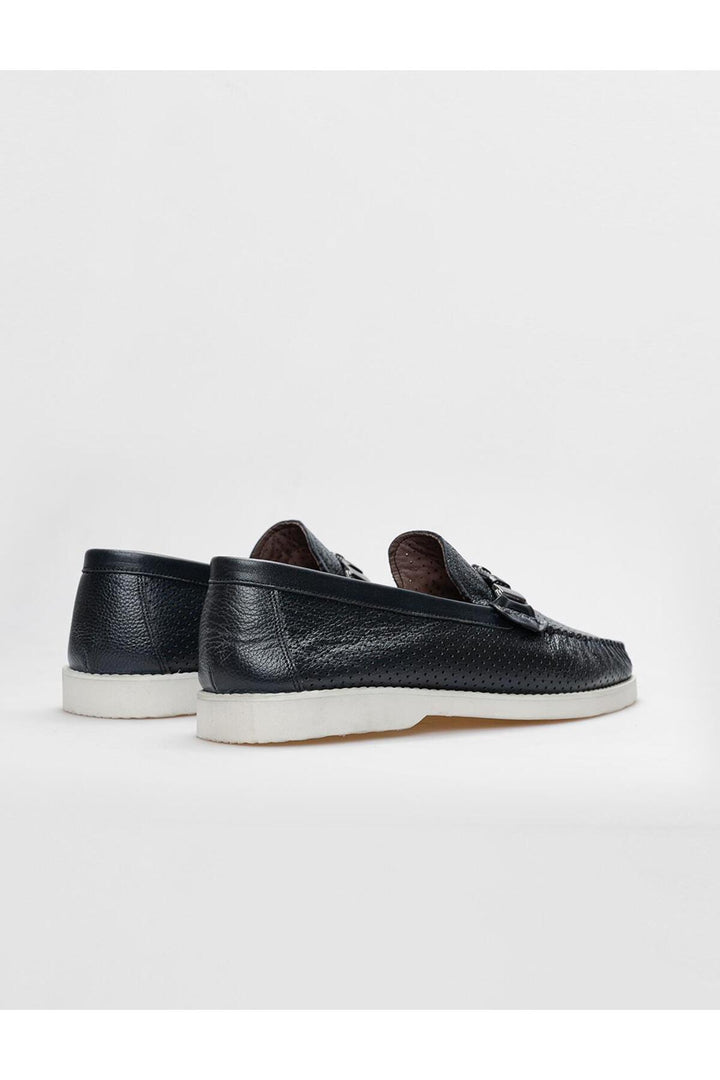 Cabani Shoes Mocassin pour homme en cuir véritable bleu marine avec détails laser. - Bleu marine