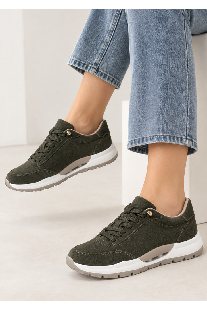 Wavelys MARA Chaussures de marche et de sport élégantes en nubuck véritable avec lacets intelligents, semelle confortable, couleur kaki. - Kaki