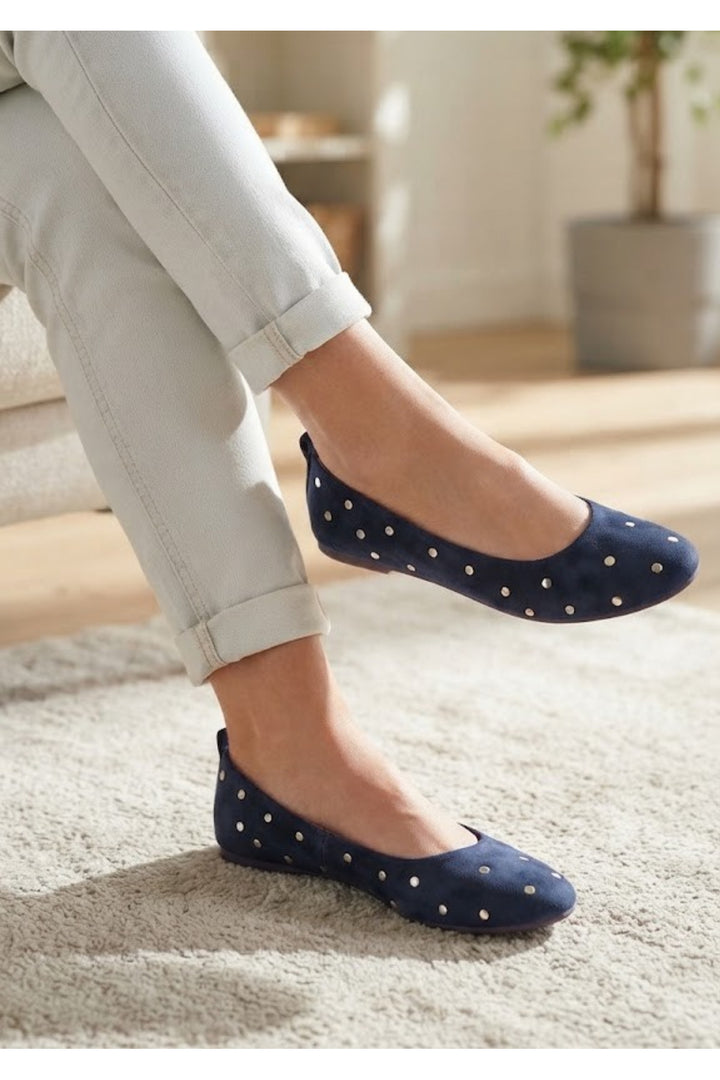 Wavelys LYN Chaussures Ballerines en Cuir Suédé Véritable à Semelle Confortable avec Clous Métalliques - Bleu marine