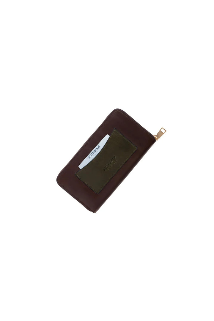 helmbrook Femme Cuir Véritable Grand Portefeuille Fermeture Éclair RFID Protégé Amelia Café Kaki