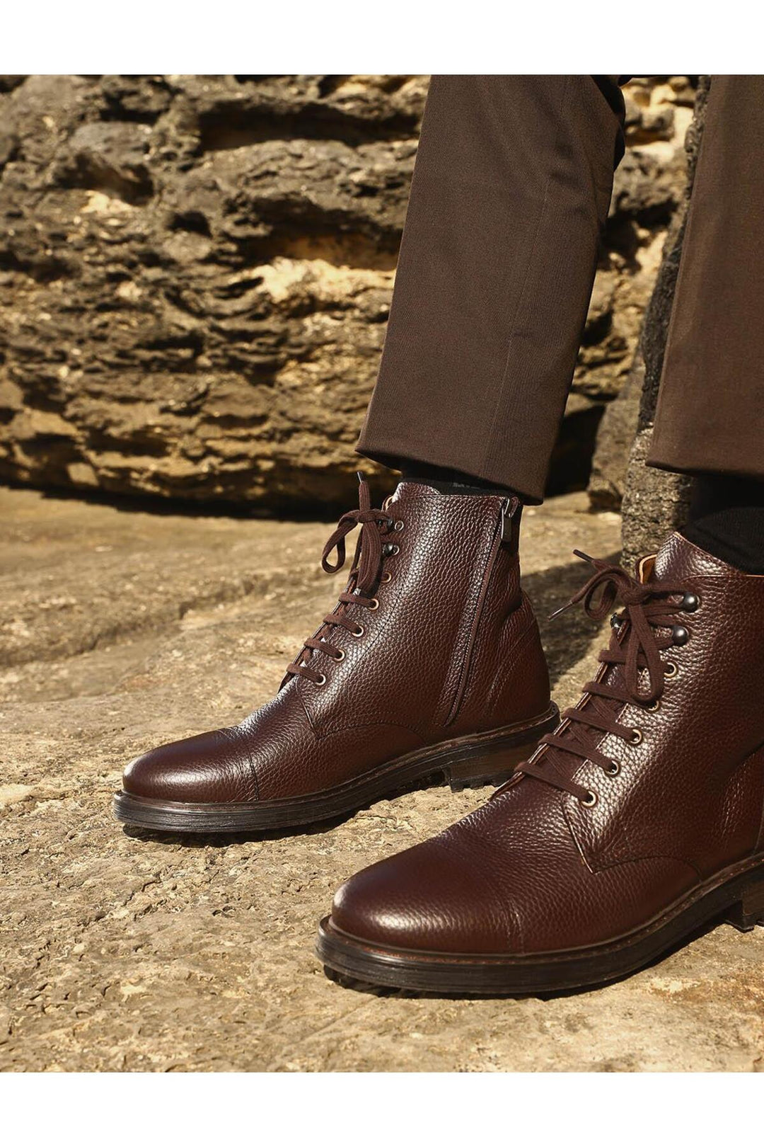 Cabani Shoes Bottines d'hiver pour hommes en cuir véritable marron à lacets et fermeture éclair - Marron