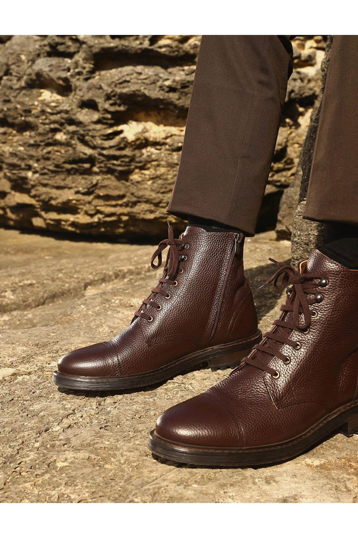 Cabani Shoes Bottines d'hiver pour hommes en cuir véritable marron à lacets et fermeture éclair - Marron