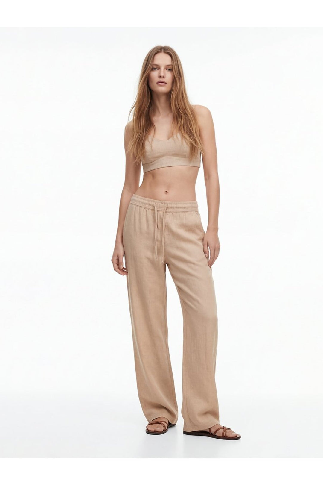 LTB Pantalon beige à taille élastique et jambes droites en crêpe. - Beige
