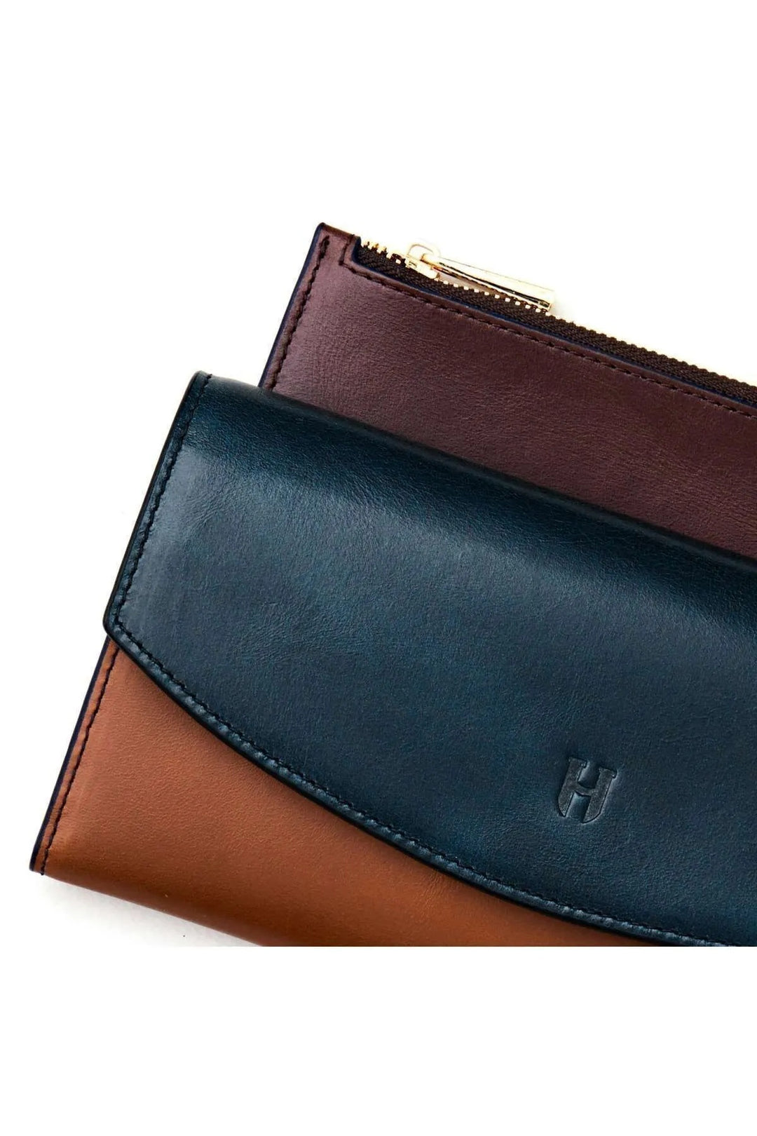 helmbrook Porte-cartes multi-baie Ashley en cuir pour femme avec fermeture à glissière protégée par RFID bleu marine et fauve