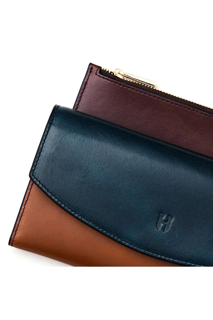helmbrook Porte-cartes multi-baie Ashley en cuir pour femme avec fermeture à glissière protégée par RFID bleu marine et fauve