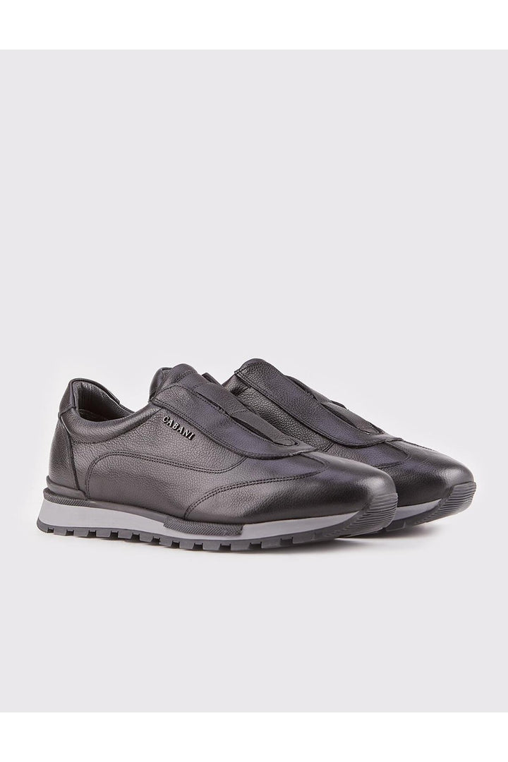 Cabani Shoes Chaussures de sport pour hommes en cuir véritable noir avec fourrure, sans lacets. - Noir