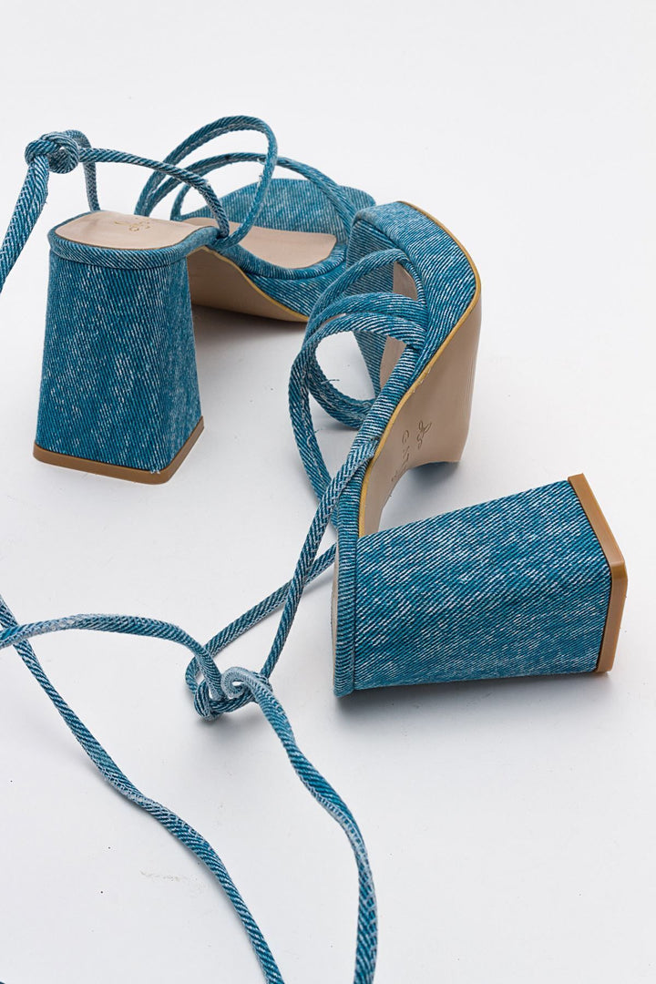 Wavelys Sandales à talons compensés avec bande et cordon pour femmes Carisa Platform Gate Shoes - Denim bleu