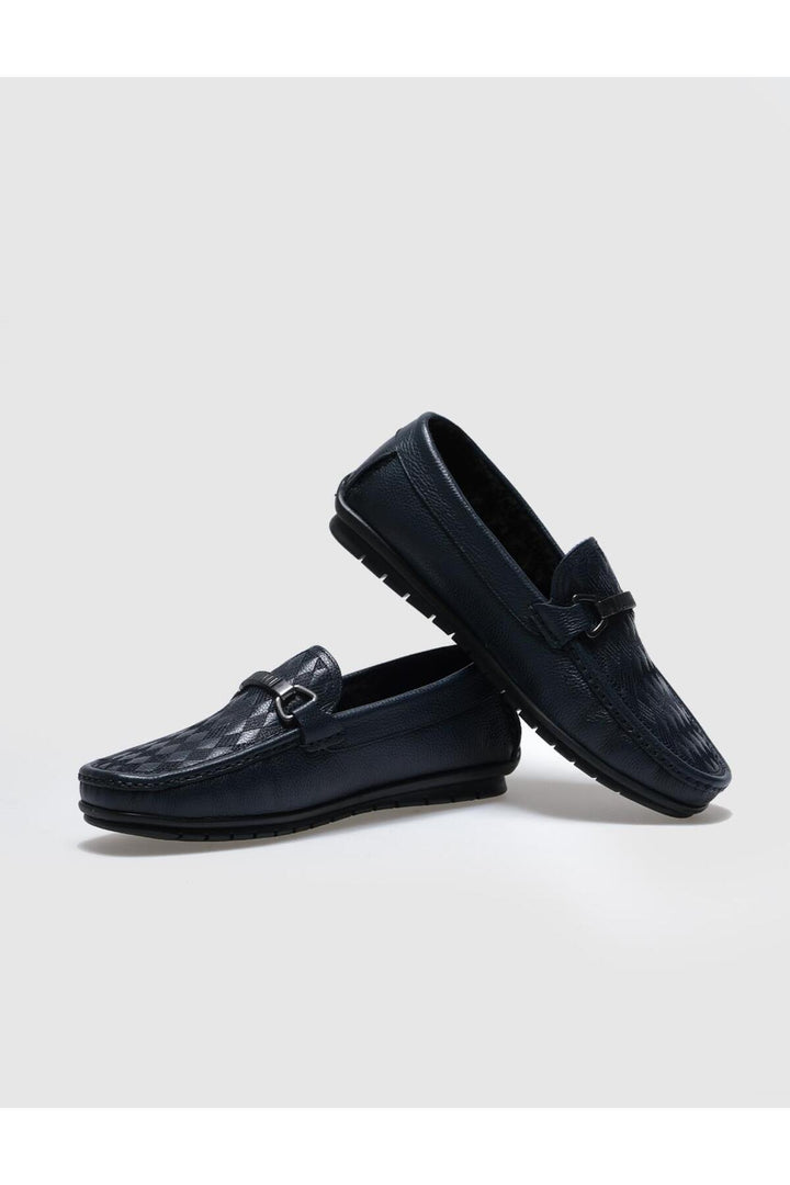 Cabani Shoes Mocassins pour hommes en cuir véritable bleu marine avec fourrure. - Bleu marine