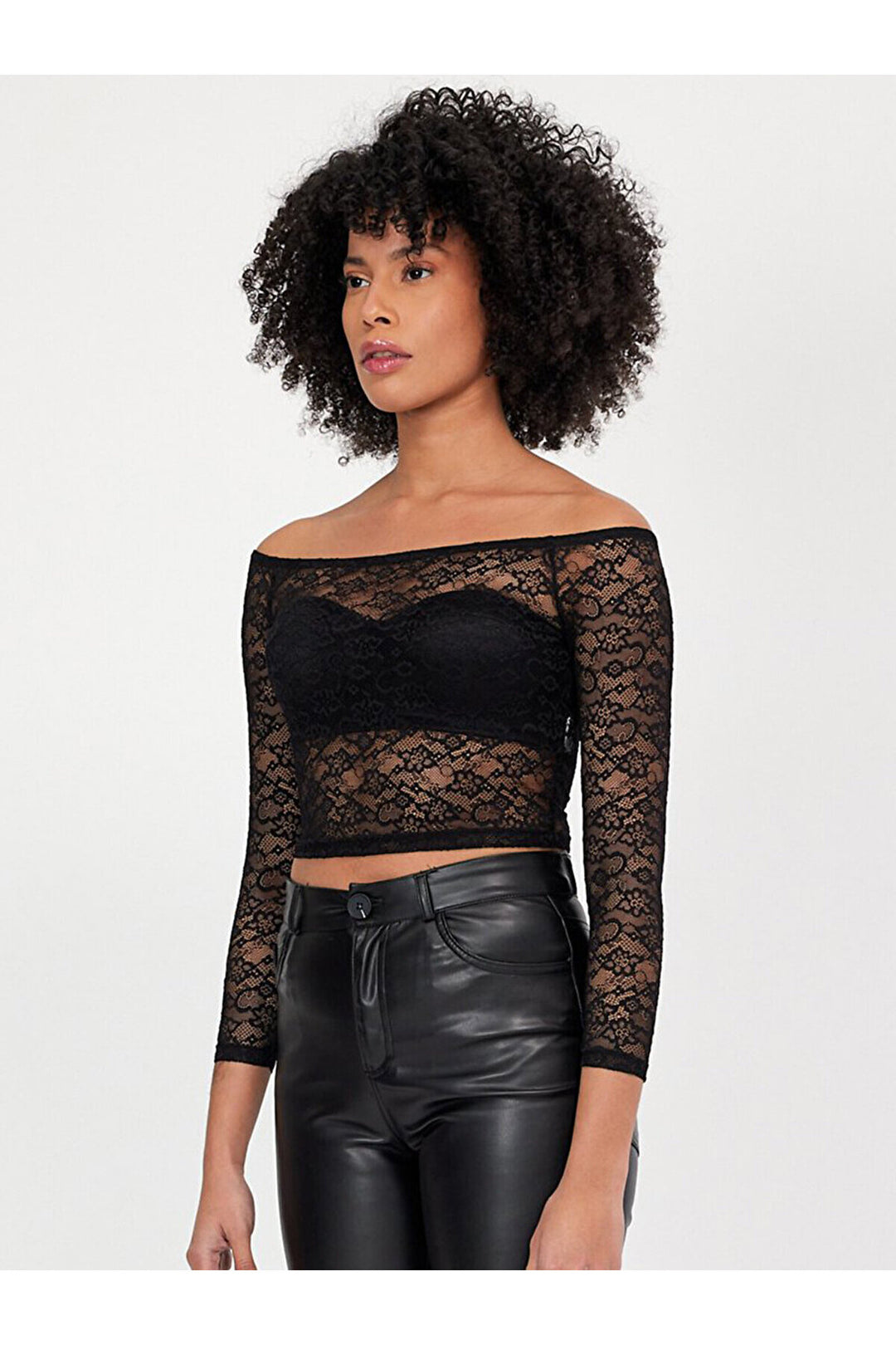 LTB Sweat noir à épaules ouvertes et boule courte en dentelle