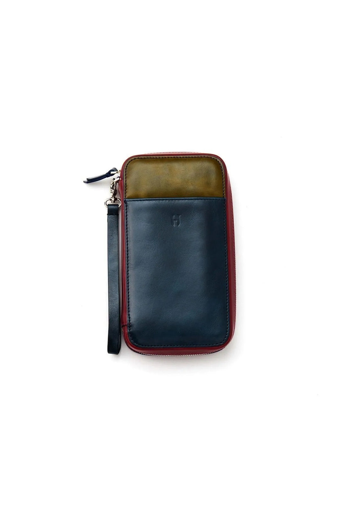 Helmbrook Sac Carlye en cuir véritable bleu marine kaki unisexe zippé Rfid protégé avec bracelet à poche sur le devant