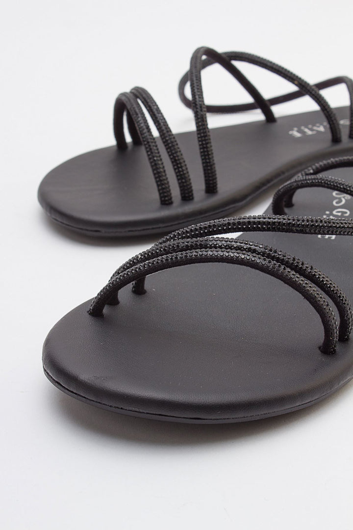 Wavelys Breta Sandale Femme à Talon Bas en Cristal Brillant Gate Shoes - Noir