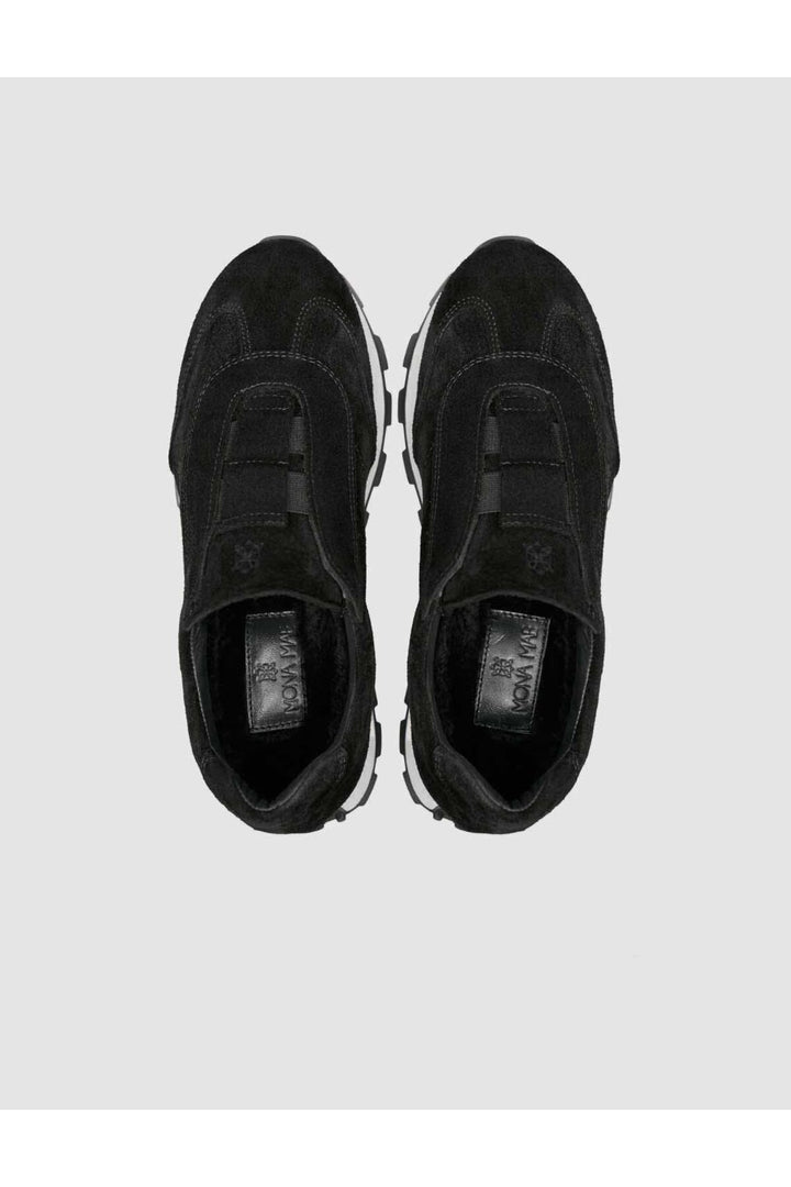 Cabani Shoes Baskets d'hiver pour femmes en cuir suédé véritable, doublées de fourrure noire. - Noir