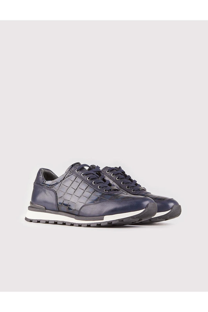 Cabani Shoes Chaussures de sport pour hommes en cuir véritable bleu marine à lacets imprimés - Bleu marine