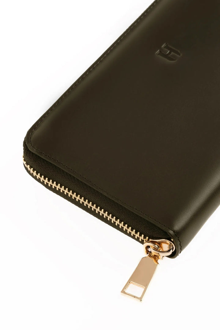 helmbrook Femme Cuir Véritable Grand Portefeuille Fermeture Éclair RFID Protégé Amelia Kaki Café