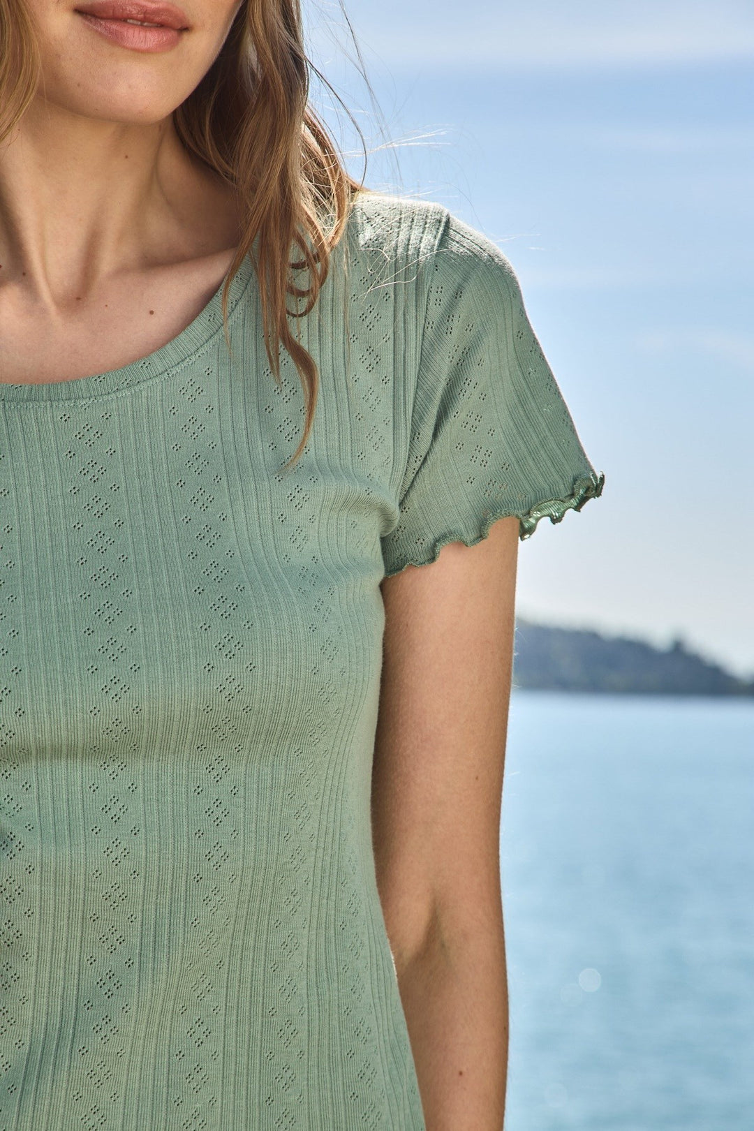 Lovely Things KIMBERLY Pointelle Kısa Kol Tişört Pijama Üstü - Açık Yeşil