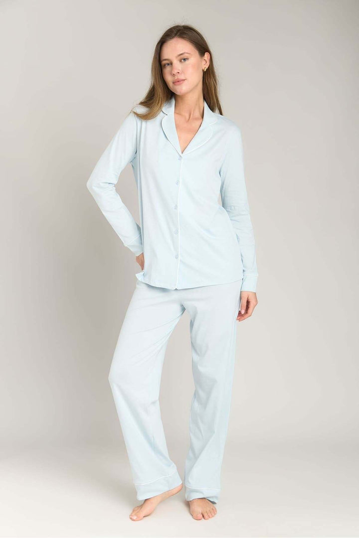 Lovely Things NINA Ensemble de Pyjama en Maille avec Chemise à Manches Longues et Pantalon - Bleu
