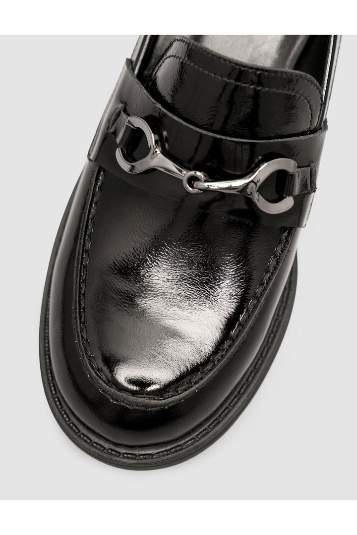 Cabani Shoes Chaussures Loafer pour femmes en cuir verni noir avec boucle en métal. - Noir