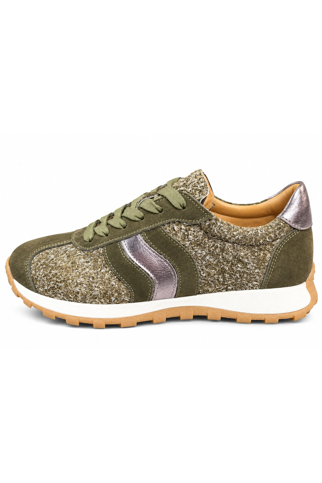 Wavelys Baskets confortables pour femmes en cuir suédé véritable kaki avec semelle en caoutchouc souple et flexible. - Kaki