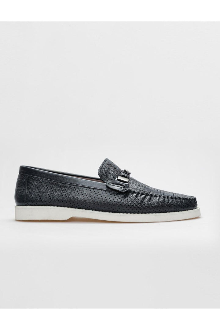 Cabani Shoes Mocassin pour homme en cuir véritable bleu marine avec détails laser. - Bleu marine
