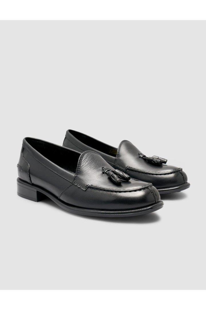 Cabani Shoes Loafer femme en cuir véritable noir avec franges à 100%. - Noir