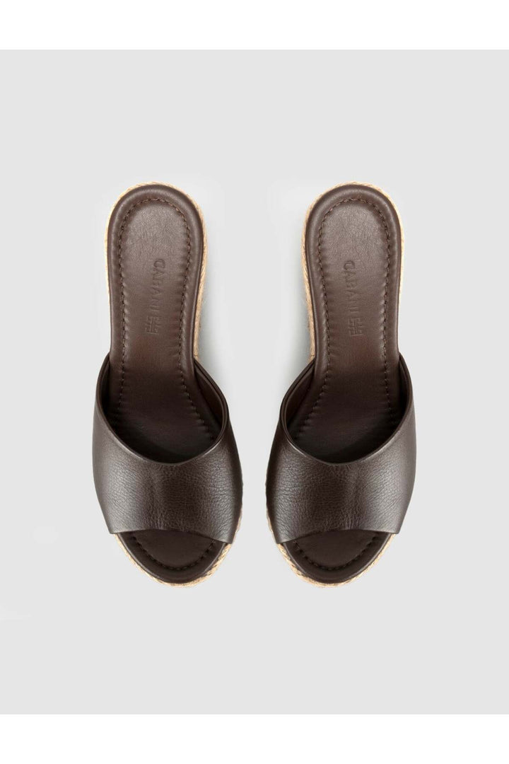 Cabani Shoes Sandales à talons compensés en cuir véritable marron avec semelle en paille pour femmes - Multicolore