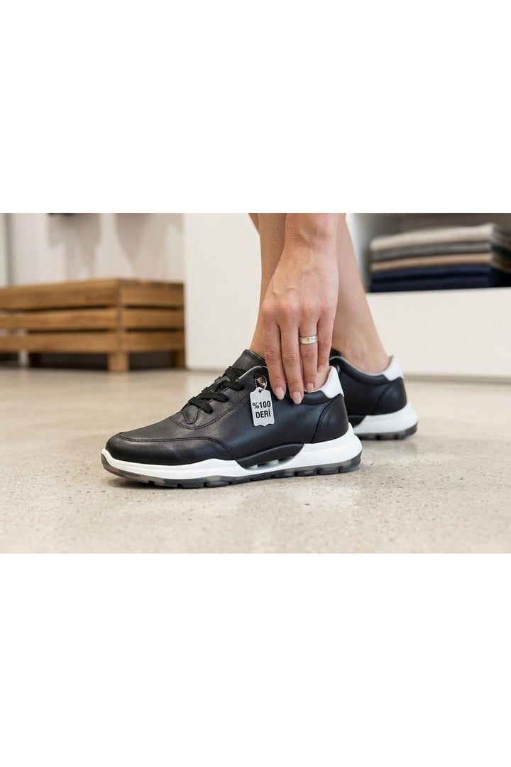 Wavelys Mara Chaussures de marche légères en cuir véritable noir à lacets intelligents, confortables et à semelle flexible. - Noir
