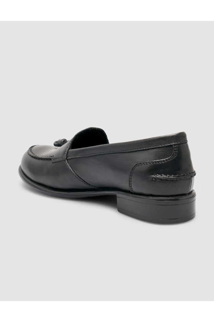 Cabani Shoes Loafer femme en cuir véritable noir avec franges à 100%. - Noir