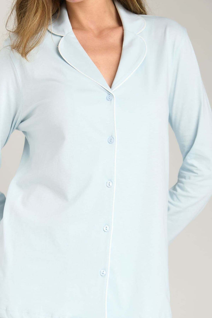 Lovely Things NINA Ensemble de Pyjama en Maille avec Chemise à Manches Longues et Pantalon - Bleu