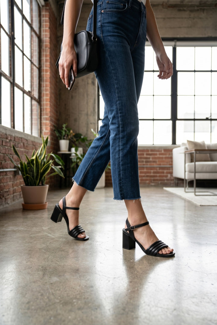 Wavelys PUFFY Sandales pour femmes en cuir élégantes et décontractées. - Noir