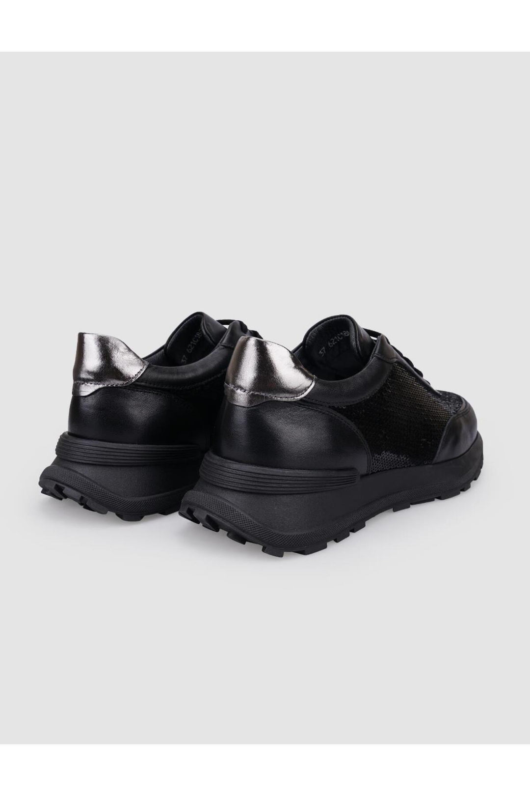 Cabani Shoes Baskets de sport pour femmes en cuir véritable noir avec détails en paillettes à lacets. - Noir