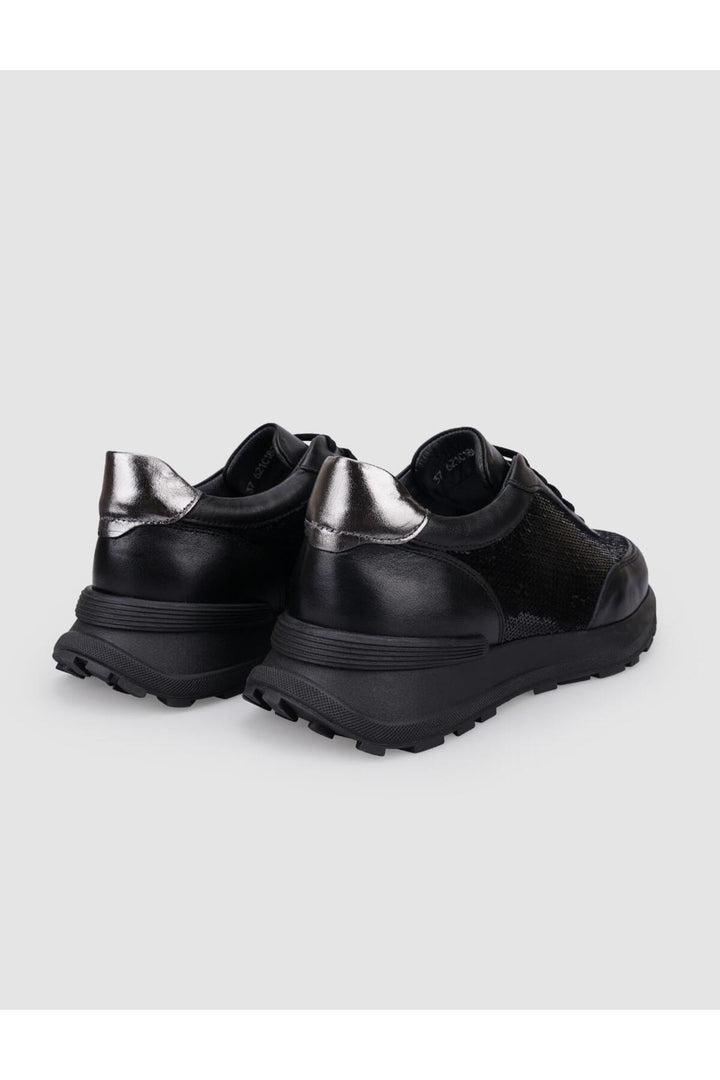 Cabani Shoes Baskets de sport pour femmes en cuir véritable noir avec détails en paillettes à lacets. - Noir