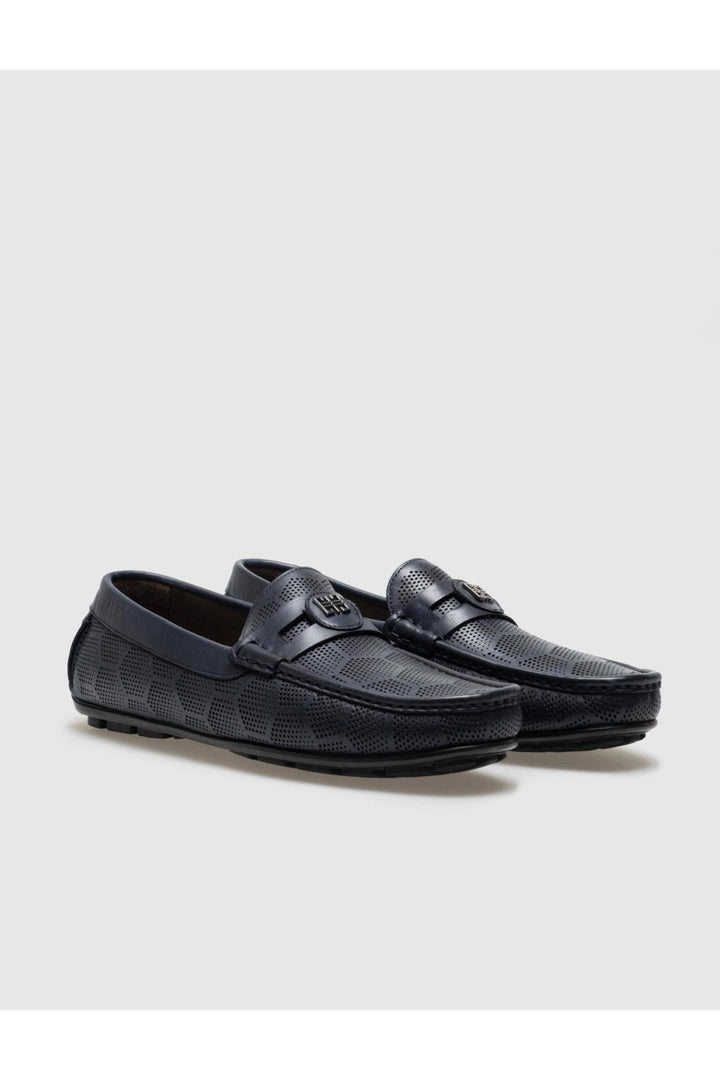 Cabani Shoes Mocassin pour homme en cuir véritable bleu marine avec boucle. - Bleu marine