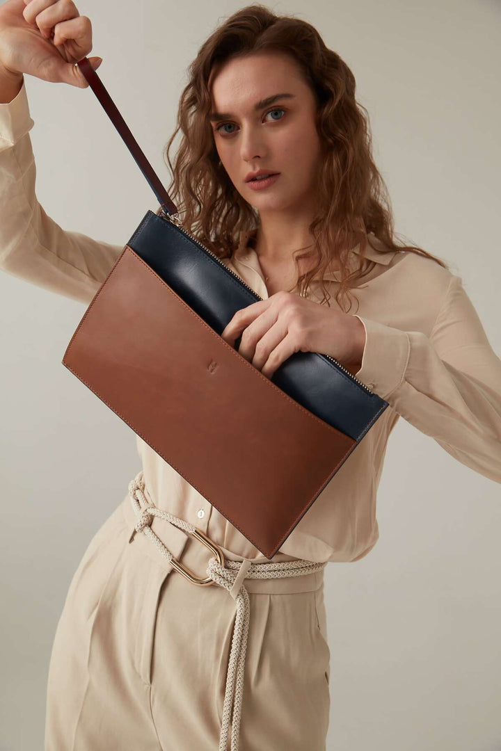 helmbrook Sac porte-documents Rfid à fermeture éclair en cuir fauve bleu marine avec poche pour femme de Beverly