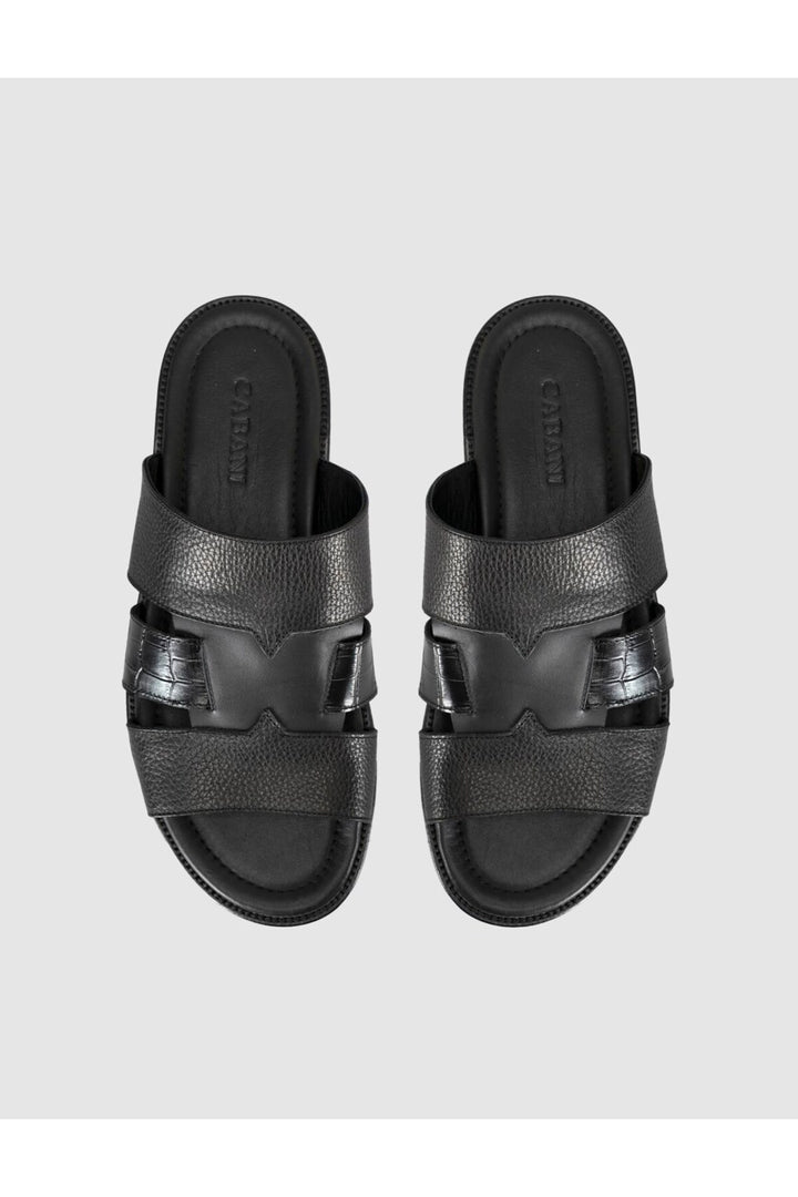 Cabani Shoes Sandale pour homme en cuir véritable à double bande noire - Multicolore