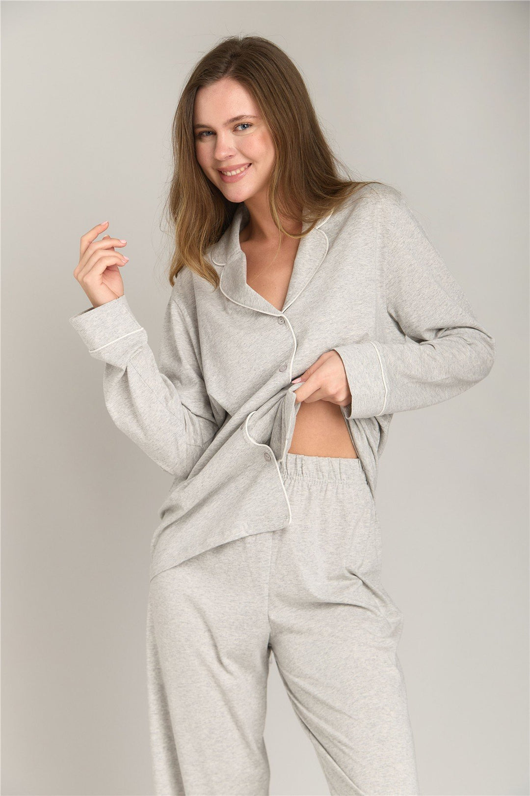 Lovely Things NINA Ensemble de Pyjama en Maille à Manches Longues - Gris melange