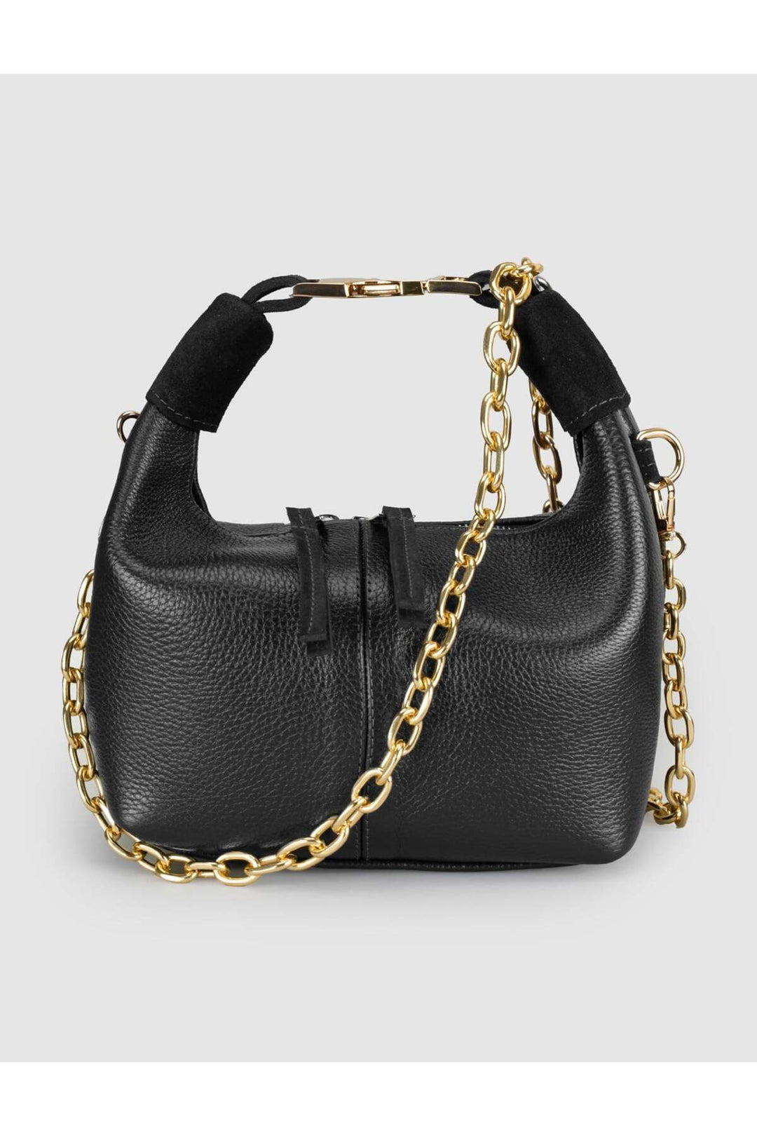 Cabani Shoes Sac en cuir véritable noir avec détails en chaîne dorée pour femme, à porter à l'épaule ou en bandoulière. - Noir