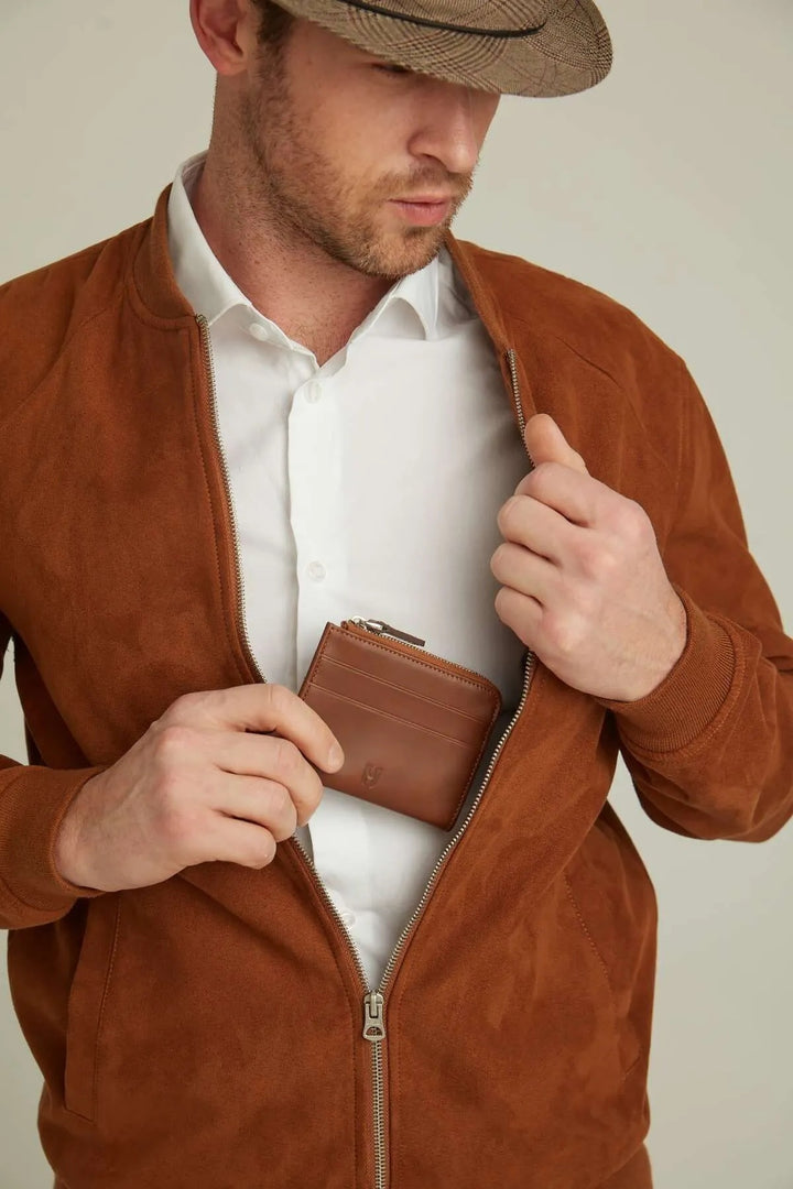 helmbrook Porte-cartes zippé en cuir véritable pour homme avec protection RFID Seward Tan
