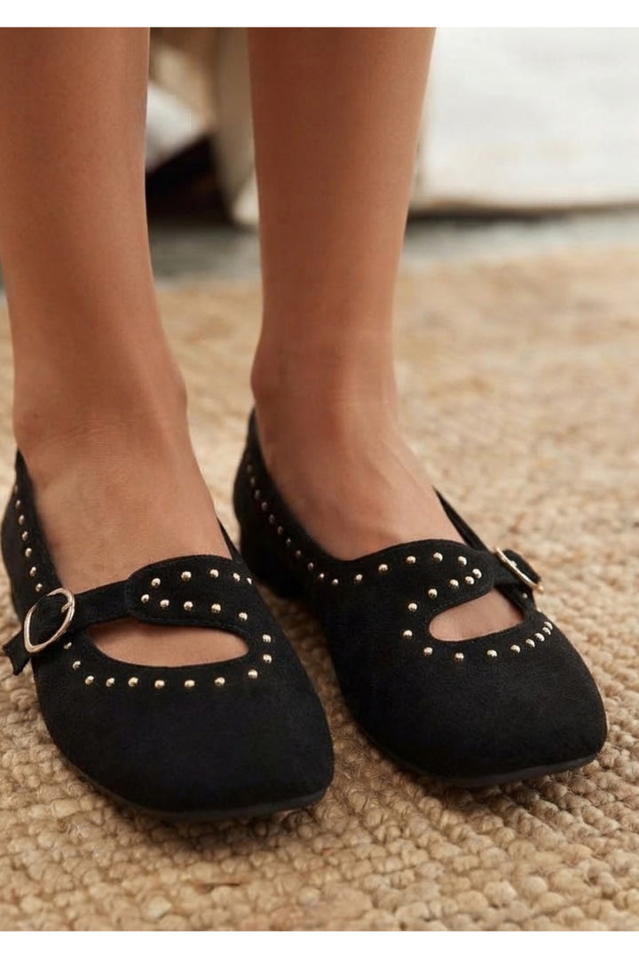 Wavelys AXEL Ballerines en cuir suédé véritable noir à talon plat avec détails de lacets - Noir