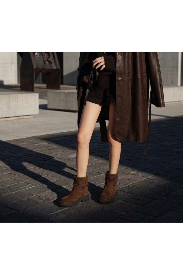 Wavelys RIVER Bottes en cuir suédé véritable marron à détails tressés, faciles à enfiler et chaudes. - Marron
