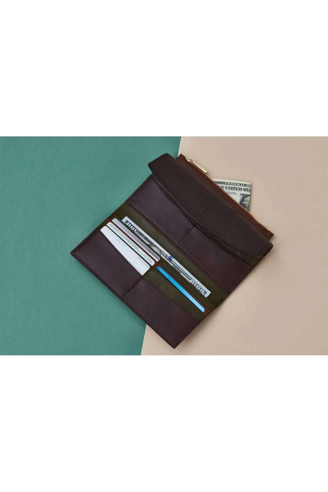 helmbrook Porte-cartes à compartiments multiples Ashley en cuir pour femme avec fermeture à glissière protégée par RFID, marron, kaki