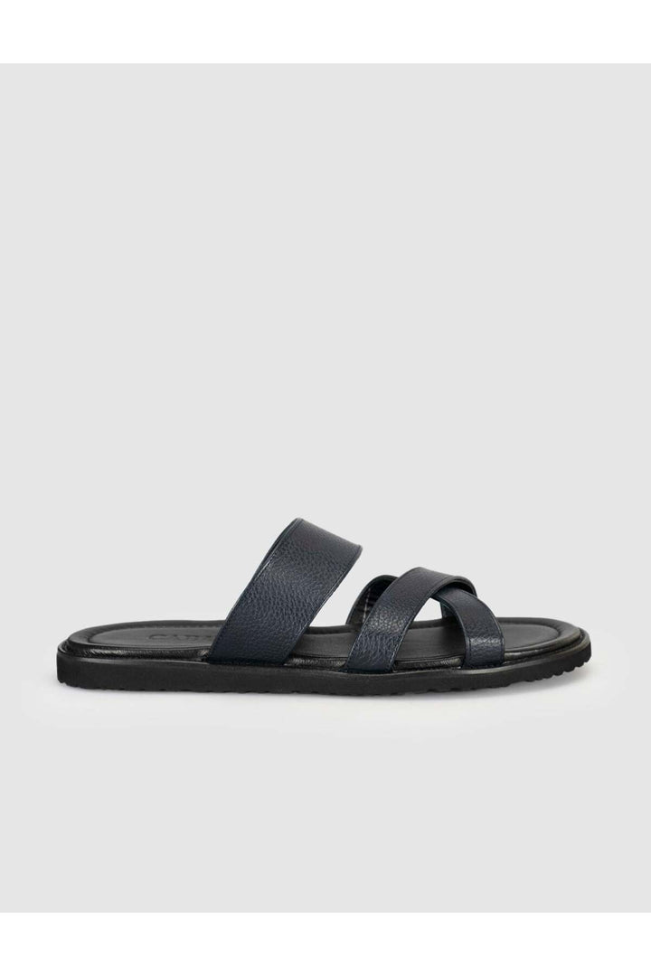 Cabani Shoes Sandales pour hommes en cuir véritable à bande croisée noires - Bleu marine