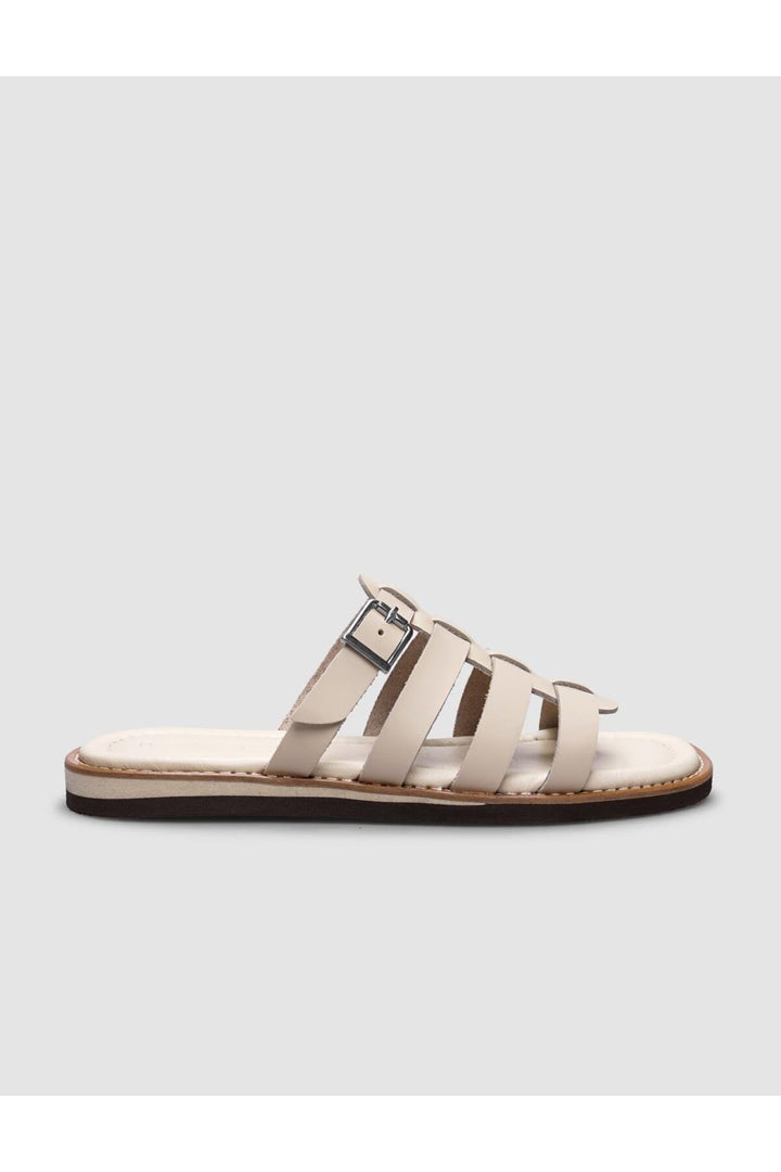 Cabani Shoes Sandales plates pour femmes en cuir véritable beige avec boucle sur le côté à 100%. - Multicolore