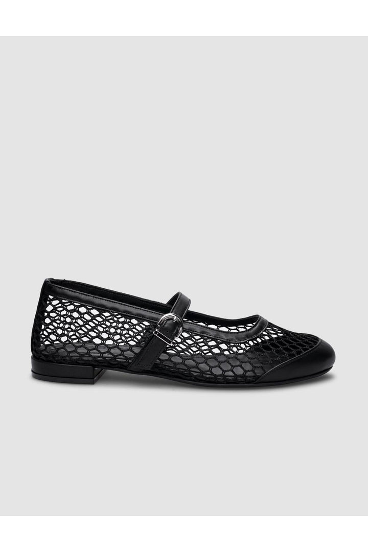 Cabani Shoes Ballerines pour femmes en cuir véritable noir avec détails en filet et boucle. - Noir