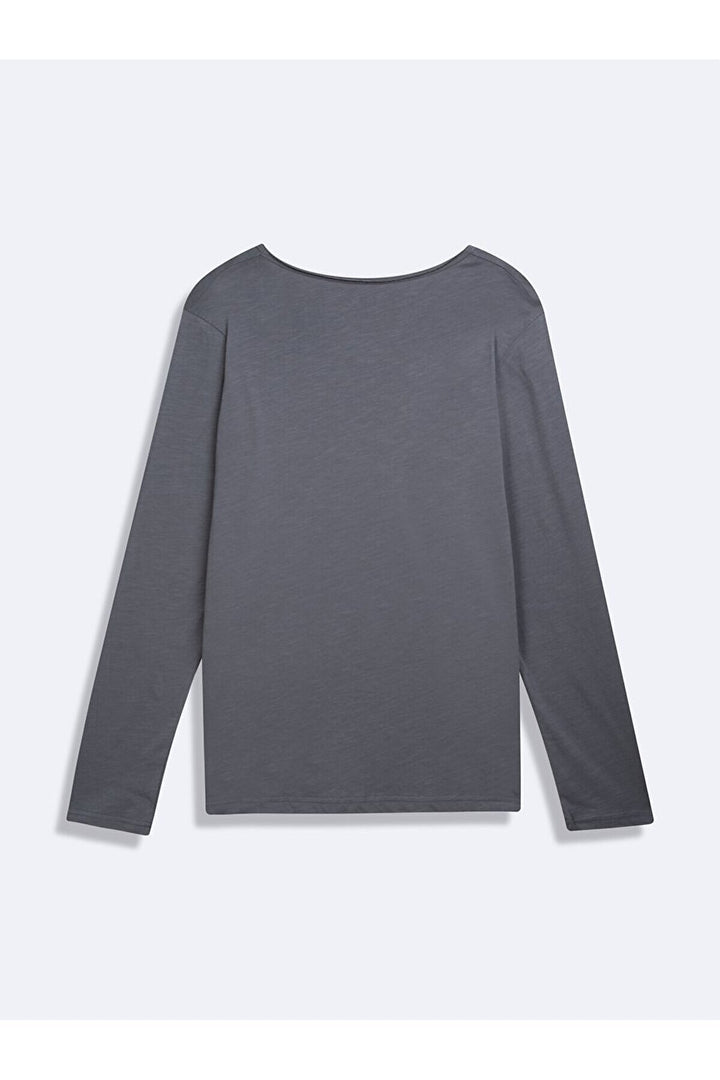 LTB Sweat-shirt gris à manches longues avec encolure en V et bouton sur le devant