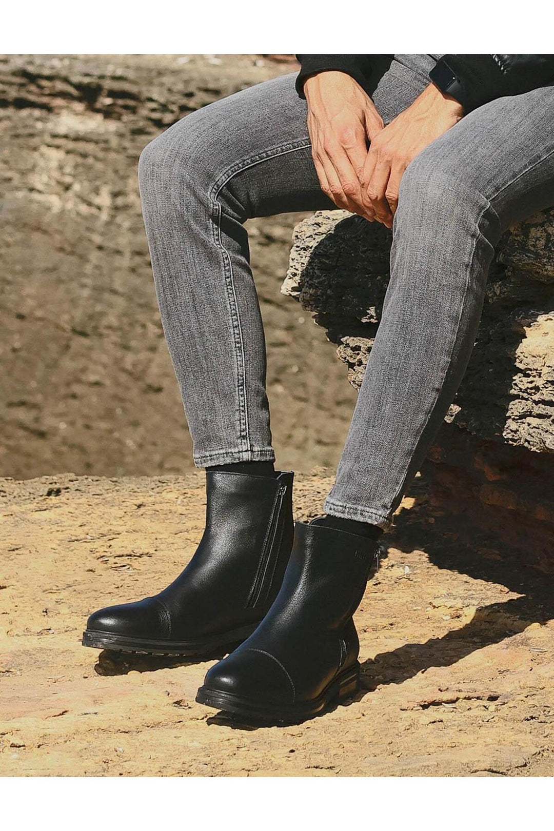 Cabani Shoes Bottines pour hommes en cuir véritable avec semelle en caoutchouc, noires et à fermeture éclair. - Multicolore